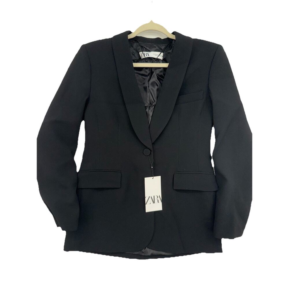 ZARA WOMEN NEW DINNER JACKET BLAZER SATIN EFFECT TUXEDO COLLAR 8411/791 BLACK